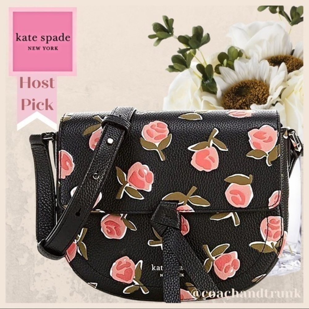 KATE SPADE THE KNOTT Leather Embossed Ditsy Rose Adjustable Strap Saddle Bag NWT
